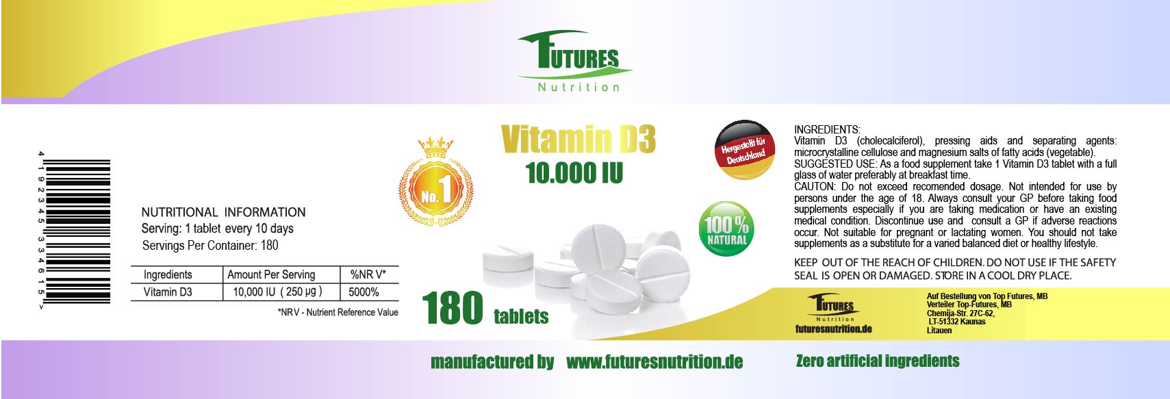 Futures Nutrition Vitamin D3 10000 IE – Vorratspackung 180 Tabletten
